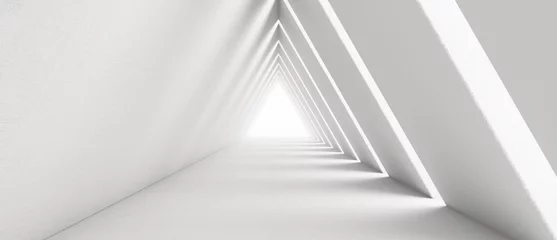 Foto op Canvas Lege lange lichte gang. Moderne witte achtergrond. Futuristische Sci-Fi-driehoekstunnel. 3D-rendering © Chanchai