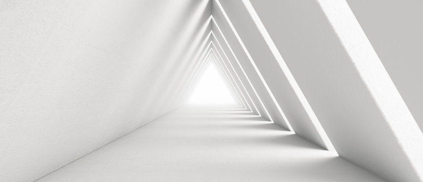 Empty Long Light Corridor. Modern white background. Futuristic Sci-Fi Triangle Tunnel. 3D Rendering © Chanchai