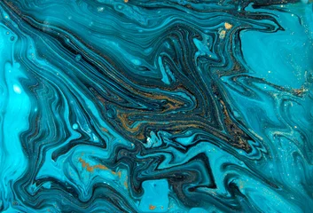 Blaues und goldenes Marmorierungsmuster. Flüssige Textur aus goldenem Marmor. © anya babii