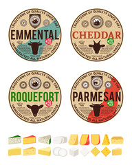 Vector vintage cheese round labels and different types of cheese detailed icons