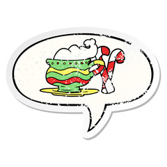 cartoon christmas cocoa and candy canes and speech bubble distressed sticker