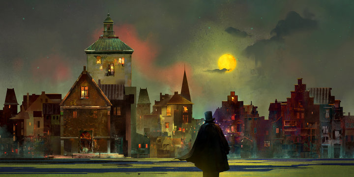drawn vintage urban lunar landscape at night with a man in a top hat