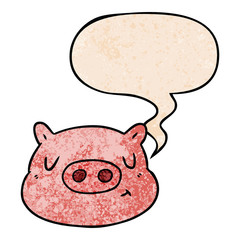 cartoon pig face and speech bubble in retro texture style