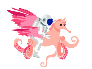 Fantasy, astronaut riding a seahorse with octopus tentacles. Isolated on white background. In minimalist style Cartoon flat Vector