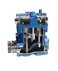 A Cutaway Demonstration of a Vehicle Air Compressor.