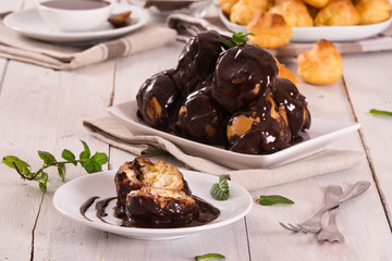 Chocolate profiteroles. 