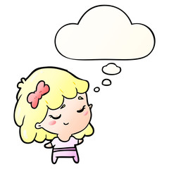 cartoon happy girl and thought bubble in smooth gradient style