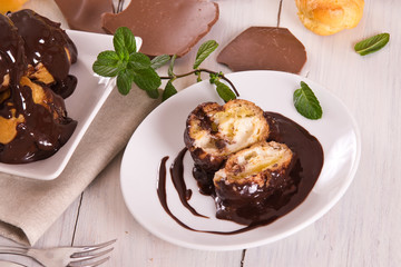 Chocolate profiteroles. 