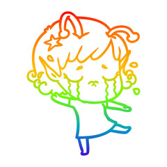 rainbow gradient line drawing cartoon crying alien girl