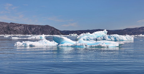 Icebergs in background, landscape Greenland, beautiful Nuuk fjord 