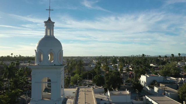 Aerial Drone View over the Sacred Heart Church and the downtown of Los Mochis, Sinaloa, Mexico