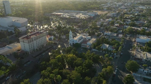 Aerial Drone View over the Sacred Heart Church and the downtown of Los Mochis, Sinaloa, Mexico