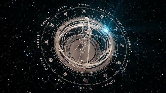 4K. Zodiac Signs and Armillary Sphere On Black Background. Seamless Looped. 3D Animation.