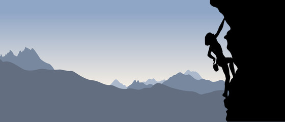 Black silhouette of a climber on a cliff with mountains as a background. Vector illustration - obrazy, fototapety, plakaty