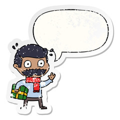 cartoon man and mustache and christmas present and speech bubble distressed sticker