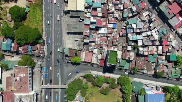 A top down view of the road and houses.