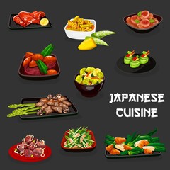 Japanese sushi roll, meat, veggies, seafood dishes