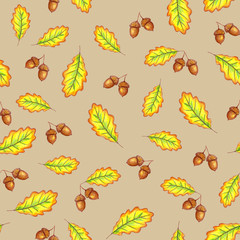 Autumn seamless pattern. Oak leaves and nuts. Illustration of hand drawing.Design for fabric, textile, greeting cards.