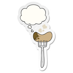 cartoon sausage and fork and thought bubble as a printed sticker