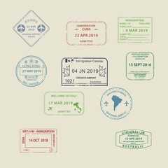 Set of International travel visas passport stamp icons for entering to Australia, Thailand, Brazil, Canada, Cuba, Hong Kong, Indonesia, Vietnam with grunge textured