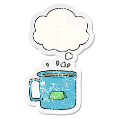 cartoon camping mug and thought bubble as a distressed worn sticker