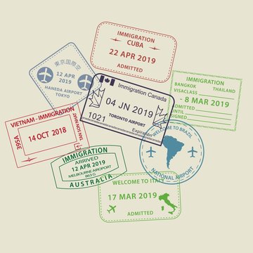 Set of International travel visas passport stamp icons for entering to Australia, Thailand, Brazil, Canada, Cuba, Hong Kong, Indonesia, Vietnam