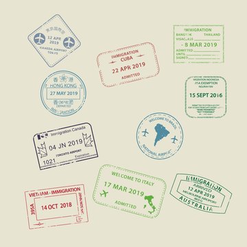 Set of International travel visas passport stamp icons for entering to Australia, Thailand, Brazil, Canada, Cuba, Hong Kong, Indonesia, Vietnam with grunge textured