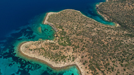 Aerial drone photo of famous luxurious Lemos peninsula in Vouliagemeni area with iconic celebrity...