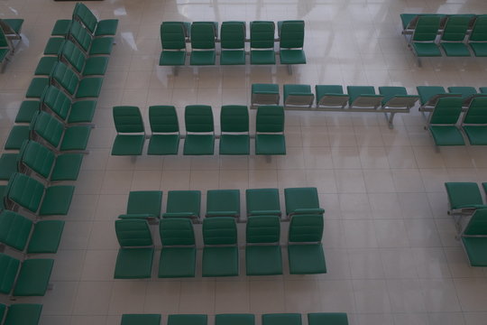 Departure Lounge For Passengers At The Airport With Chairs, Top View,without People