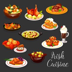 Irish cuisine meat stew and fish, coffee, dessert