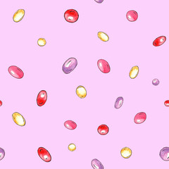 Watercolor sweet collection of lollipops and candies. Seamess pattern in pink color. Hand drawn illustration.