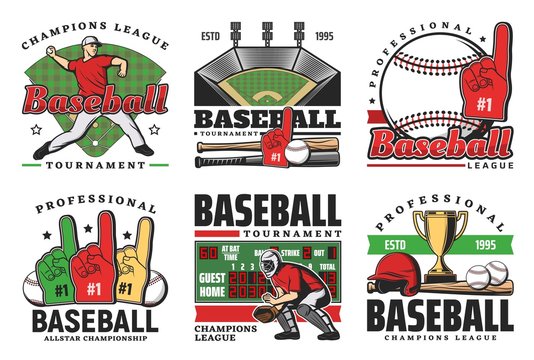 Baseball balls, sport game bats, trophy, players