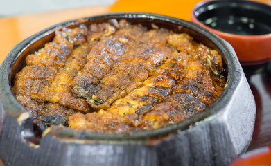 Unadon (eel meat) on is a dish originating in Japan. .
