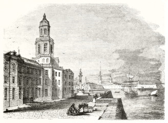 Ancient elegant building close to a wharf. Old view of Russian Academy of Sciences in Saint Petersburg. By unidentified author publ. on Magasin Pittoresque Paris 1848 Academy of Sciences