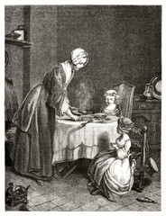 Sweet mother prepare and blesses the dinner for her children. Benedicite (prayer before dinner). Wonderful graytone hatched illustration by Chardin publ. on Magasin Pittoresque Paris 1848