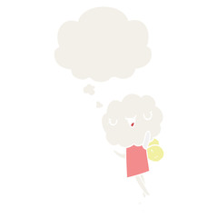cute cartoon cloud head creature and thought bubble in retro style