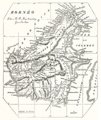 Old map of Borneo island on an ancient slightly yellowed paper. By unidentified author publ. on Magasin Pittoresque Paris 1848 