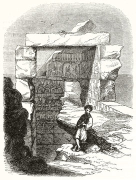 Ancient ruins of Chamber of the Ancestors Karnac Egypt, depicted in a rough graytone etching illustration framed by vanishing borders. By Quichon and Barry publ. on Magasin Pittoresque Paris 1848