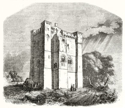 Chambois castle Normandy France. Ancient massive squared building surrounded by the nature, depicted in a old etching By Richard and Godard publ. on Magasin Pittoresque Paris 1848