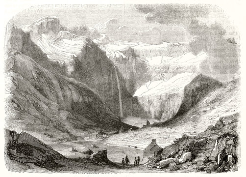 Majestic view of the Cirque de Gavarnie central Pyrenees France. Magnificent mountain landscape with a high mountain range on background. By unidentified author publ. on Magasin Pittoresque Paris 1848
