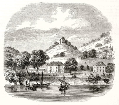 Ancient view of Clarens and Chatelard Castle in background canton of Vaud Switzerland. Little peaceful village with a castle on a hill and a river below. By Freeman, Magasin Pittoresque Paris 1848