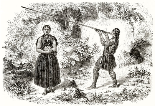 Couple of Colombian male and female indigenous in the nature and full body displayed.
The male one is using a long blowgun. By Freeman and Piaud publ. on Magasin Pittoresque Paris 1848