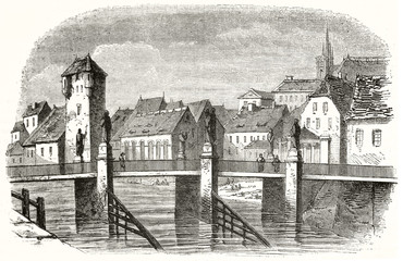 Ancient bridge and medieval houses on background on the Eger river in the city with the same name, Czech Republic. Grayscale illustration by unidentified author publ, Magasin Pittoresque Paris 1848 