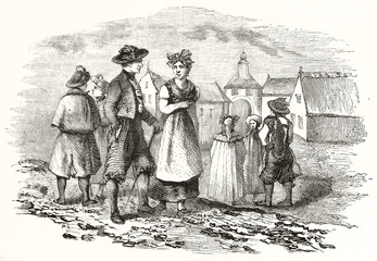Fototapeta na wymiar Medieval people dressing traditional clothing in Eger town, Czech Republic. Ancient etching style illustration with blurred borders by unidentified author publ. on Magasin Pittoresque Paris 1848
