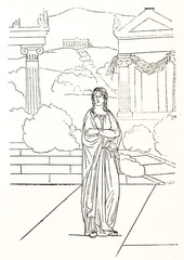 Electra (Sophocles greek tragedy character) over a hellenistic background drawed in a minimal contour line style. By Etex publ. on Magasin Pittoresque Paris 1848