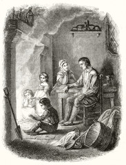 Ancient poor sad man seated on a chair indoor in the evening with his family in front a fireplace after a working day. By unidentified author publ. on Magasin Pittoresque Paris 1848 