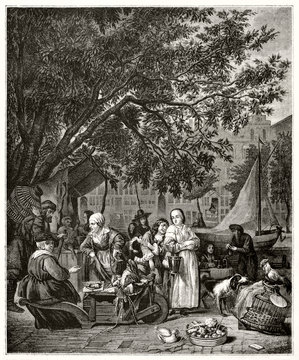 Little outdoor ancient market under a big tree. Old reproduction of a picture depicting Herbal market in Amsterdam (Louvre museum). After Metsu publ. on Magasin Pittoresque Paris 1848 Herbal market