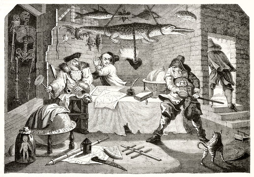 Scene of the mock heroic poem Hudibras (Hudibras in the house of Sidrophel sorcerer). After Hogarth publ. on Magasin Pittoresque Paris 1848 Hudibras