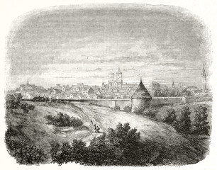 Old view of Langres far in the distance. In the foreground the nature and the path leading to the medieval city. France. By unidentified author publ. on Magasin Pittoresque Paris 1848 Langres