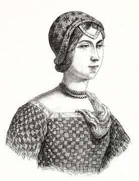 Ancient bust portrait of an elegant medieval noble woman drawn with a wonderful etching style. Laura de Noves (1310 - 1348) French noblewoman. By unidentified author, Magasin Pittoresque Paris 1848